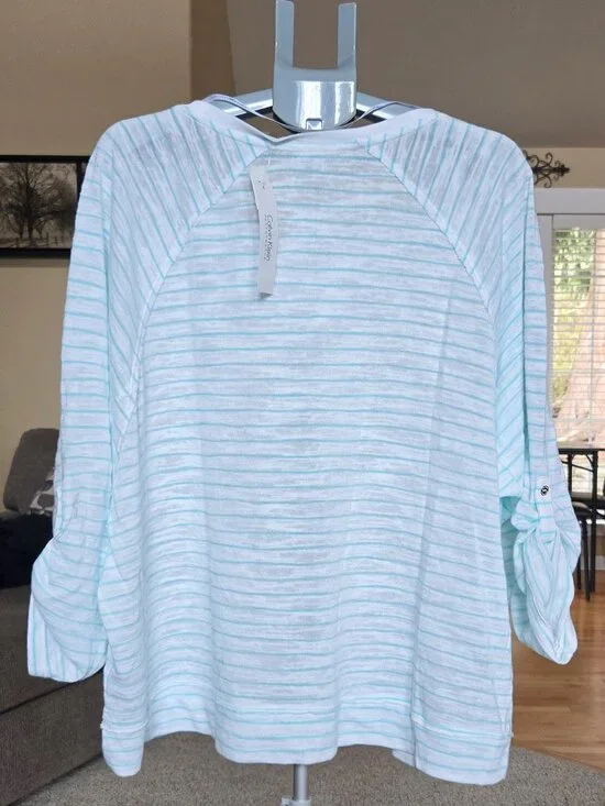 NWT Calvin Klein sz 3X striped white/aqua performance dry blue top - Picture 4 of 4